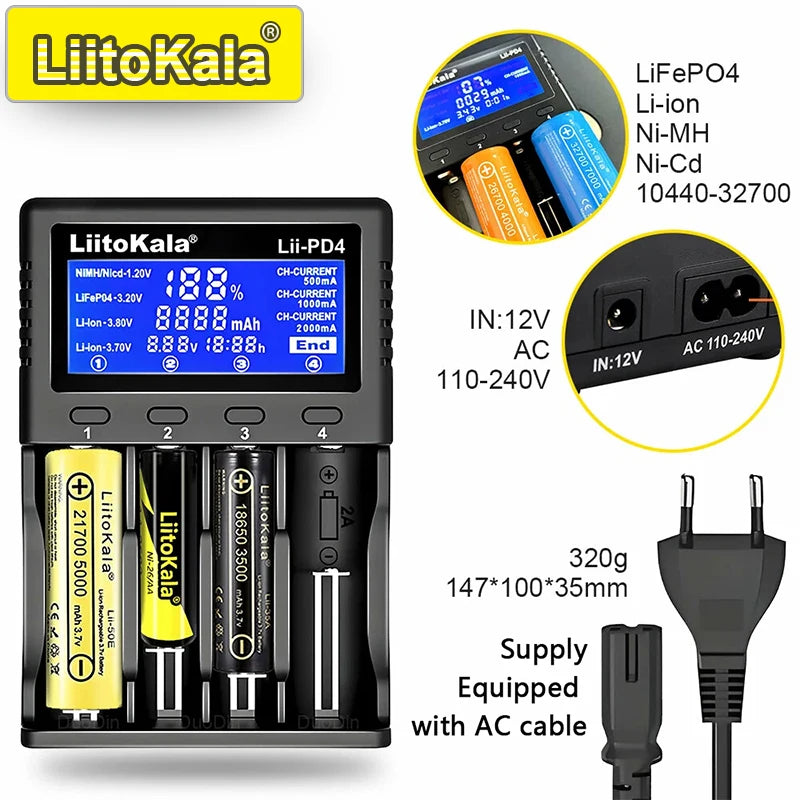 LiitoKala Lii-PD4/PD2 AC PD Charger LCD Fast Charging 4/2-Bay for 21700/18650/AA/AAA Multi-Protection Auto-Detect