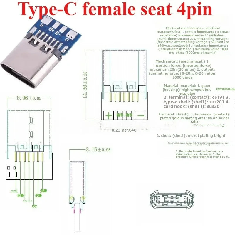 5pcs USB 3.1 Type-C Connector 24 Pins Male / Female Socket Receptacle Adapter to Solder Wire & Cable 24 Pins Support PCB Board