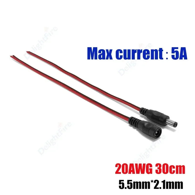 5.5 2.1mm Male Female DC Power Pigtail Connector Cable 12V 5A DC Barrel Plug Terminals for LED Strips CCTV Camera Power Adapter