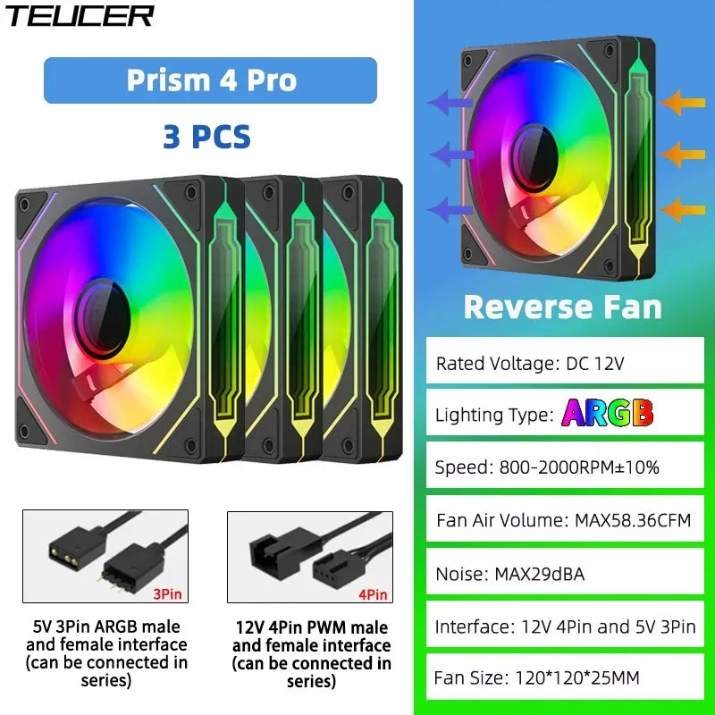TEUCER Prism4 Forward/Reverse Fans 120MM 5V 3PIN ARGB 12V 4PIN PWM  2000RPM Hydraulic Bearing Design Stable&Quiet For Gamer
