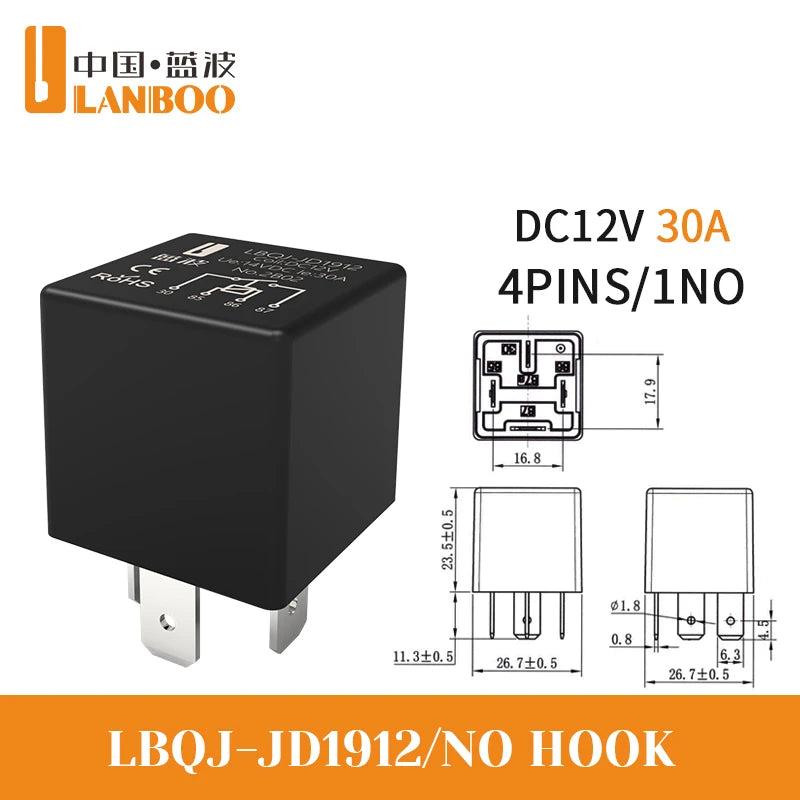 LANBOO High Current Car/Auto Relay 12V 24V 30A with 4PIN/5PIN Applications include lighting control and horn control.