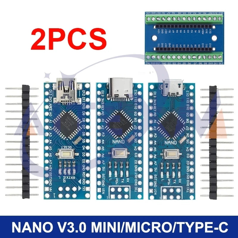2PCS Mini/Type-C/Micro USB Nano 3.0 With Bootloader Compatible Nano Microcontroller For Arduino CH340 Driver 16Mhz ATMEGA328P