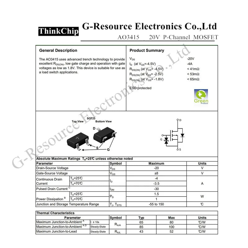(100pcs) AO3415 SOT-23 3415 SMD Field Effect Transistor (Marking AFCP) P-Channel MOS-FET