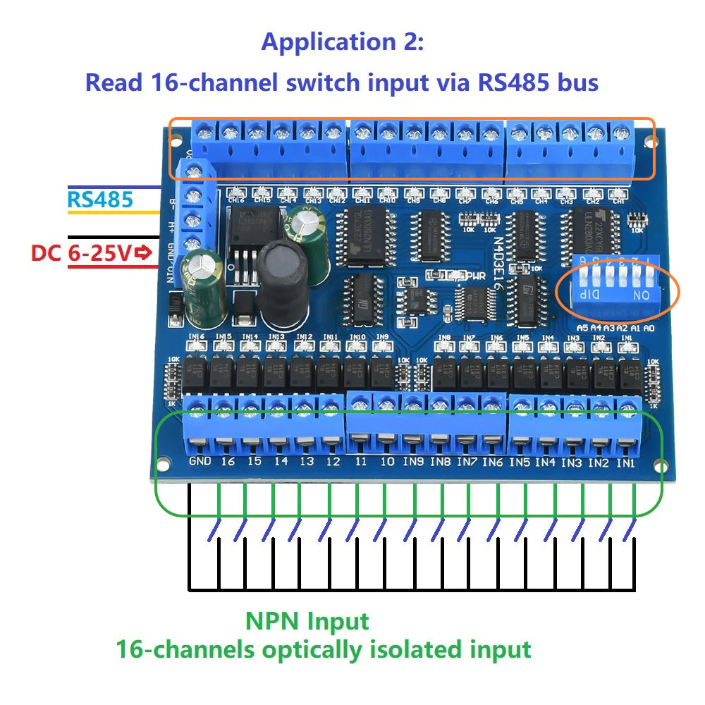 DC 12V/24V 16-input 16-output RS485 Remote Switch PLC IO Expansion Board with Modbus RTU Module Suitable for Smart Homes Etc.