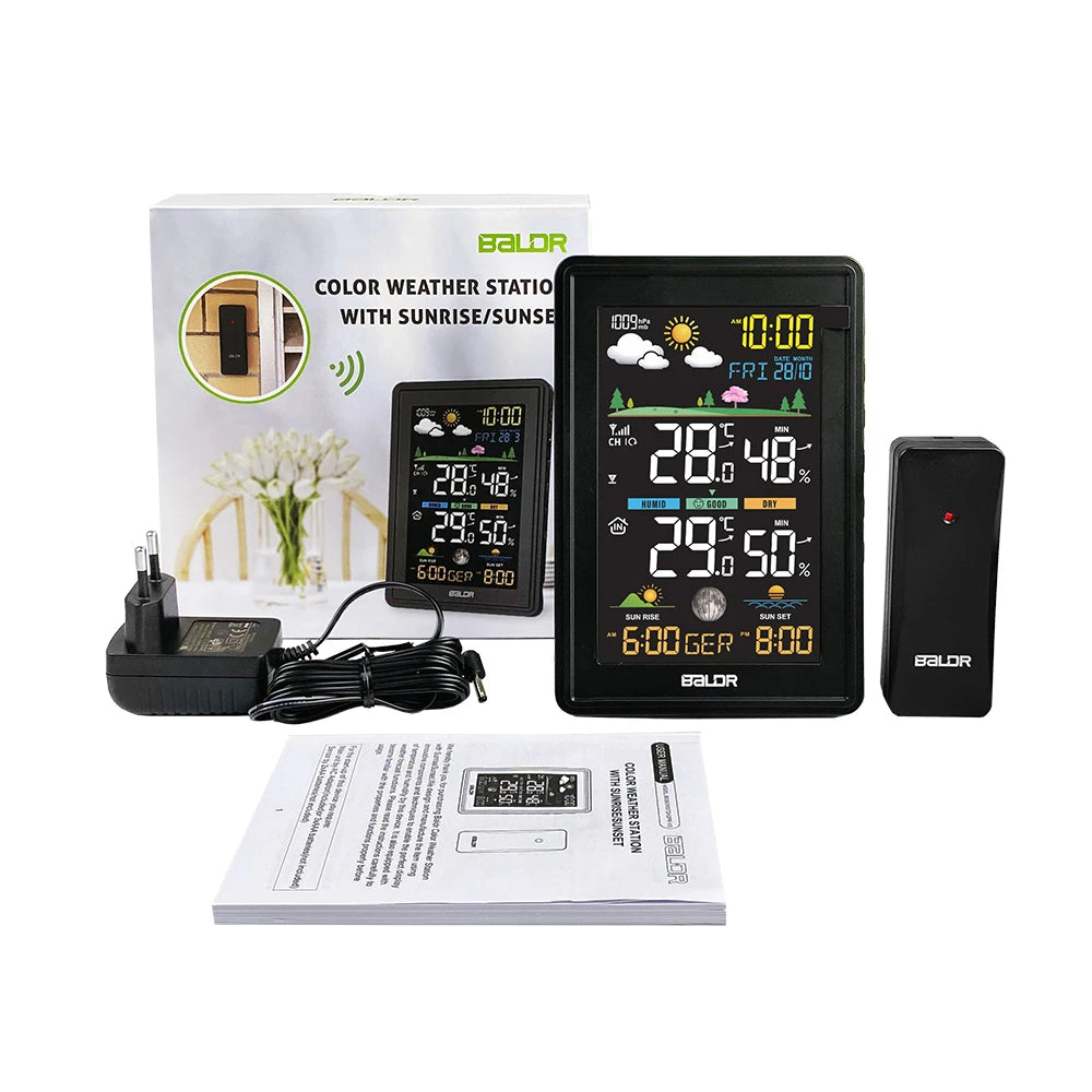 BALDR Wireless Color Weather Station DigitalThermometer Hygrometer Clock Calendar Barometer Sun Time Forecast Trend Sensor -40℃