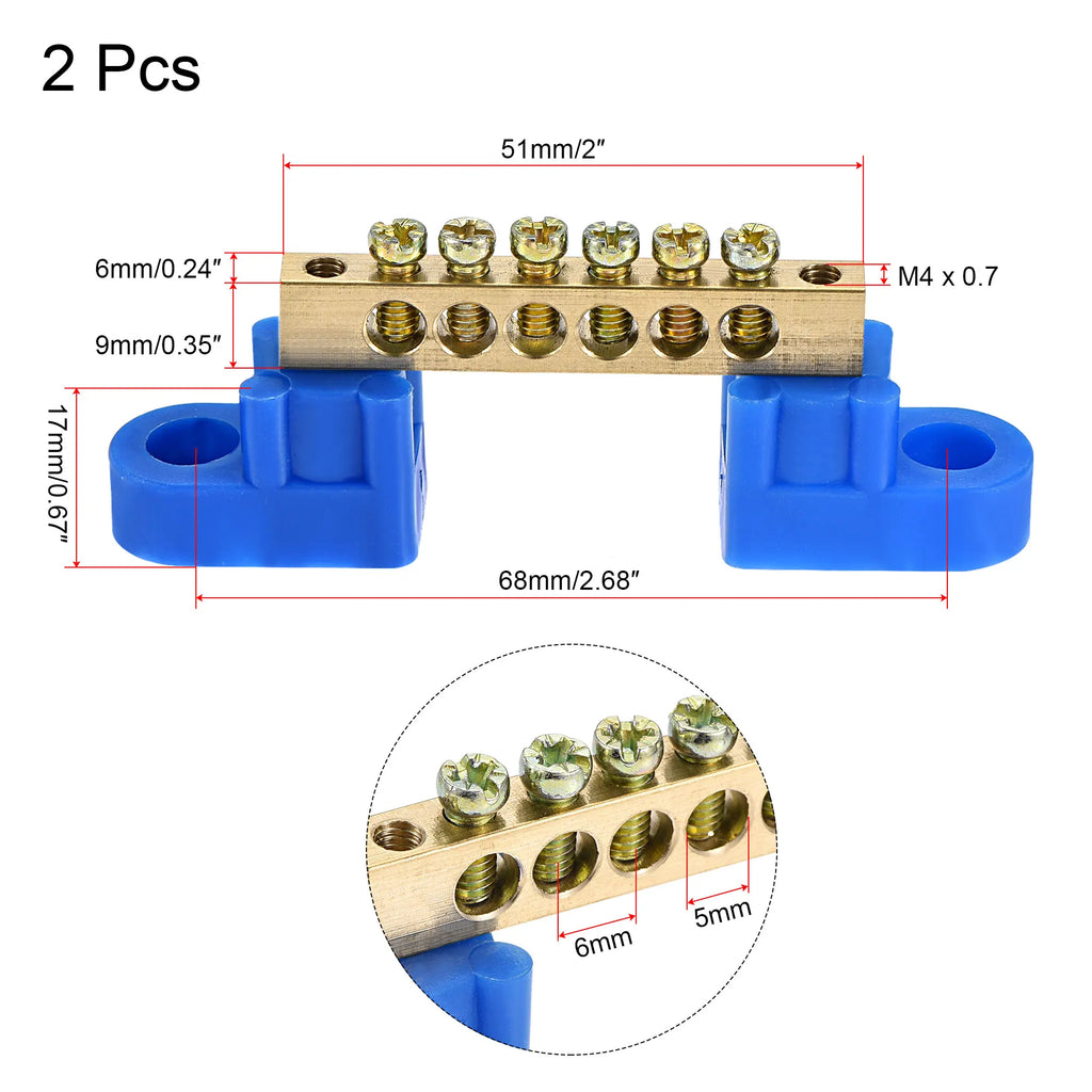 1/2/4Pc Blue Terminal Ground Bar Screw Block Barrier Brass Strip 4/6/8/10/12Positions for Electrical Distribution Box Connection