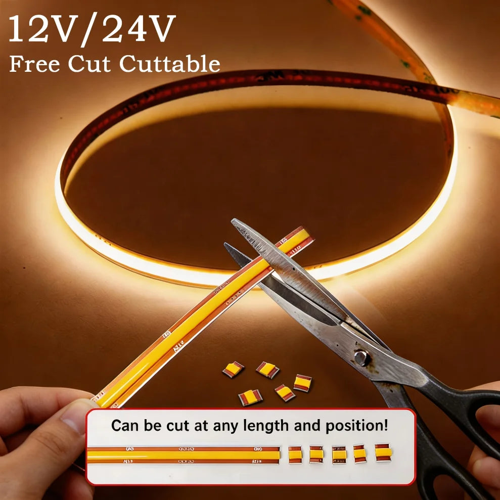 DC 12V/24V 8MM COB LED Strip Free Cut Cuttable 400LEDs/M 528LEDs/M High Density Flexible Tape Home Decoration Lighting 0.5M-10M