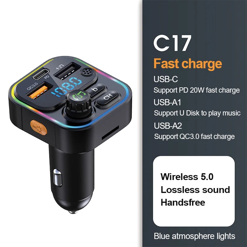 FM Transmitter Bluetooth 5.0 Car Handsfree Audio Mp3 Player Adapter USB 22.5W Quick Charging Type-C Fast Charger FM Modulator