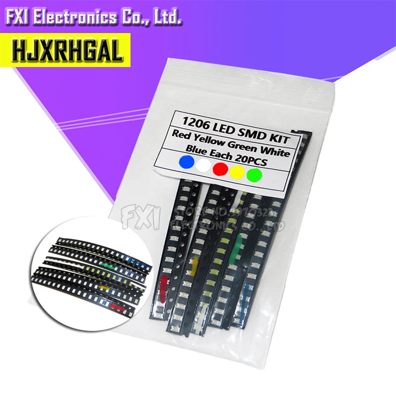 100PCS=5 colors x 20pcs 1210 1206 0805 0603 LED Diode Assortment SMD LED Diode Kit Green/ RED / White / Blue / Yellow