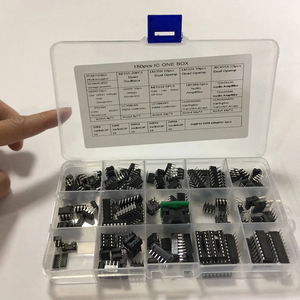 IC Chip Assortment 150Pcs,Opamp,Oscillator,Pwm,PC817,NE555,LM358,LM324, JRC4558,LM393,LM339,NE5532 Incl. Sockets Multi-Purpose