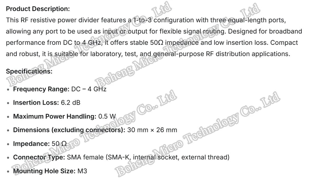 DC-4GHz RF Microwave Resistive Power Divider 1 to 2 Way, Power Splitter Combiner Module SMA Female 50Ω for Microwave