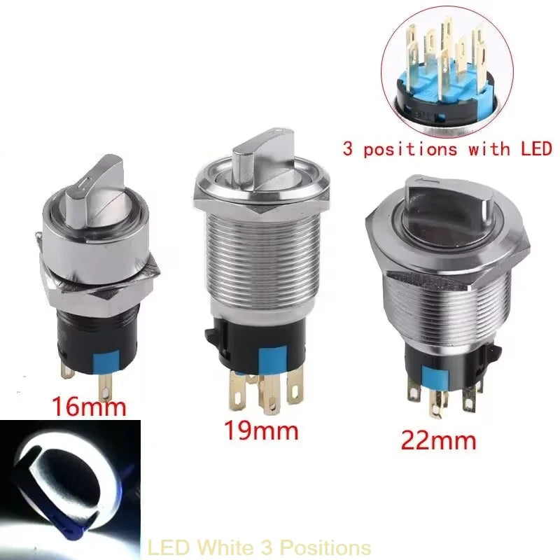16/19/22mm, Metal Rotary Switch, Selected Toggle Switch With LED 12-24V, 2 Positions / 3 Position Waterproof