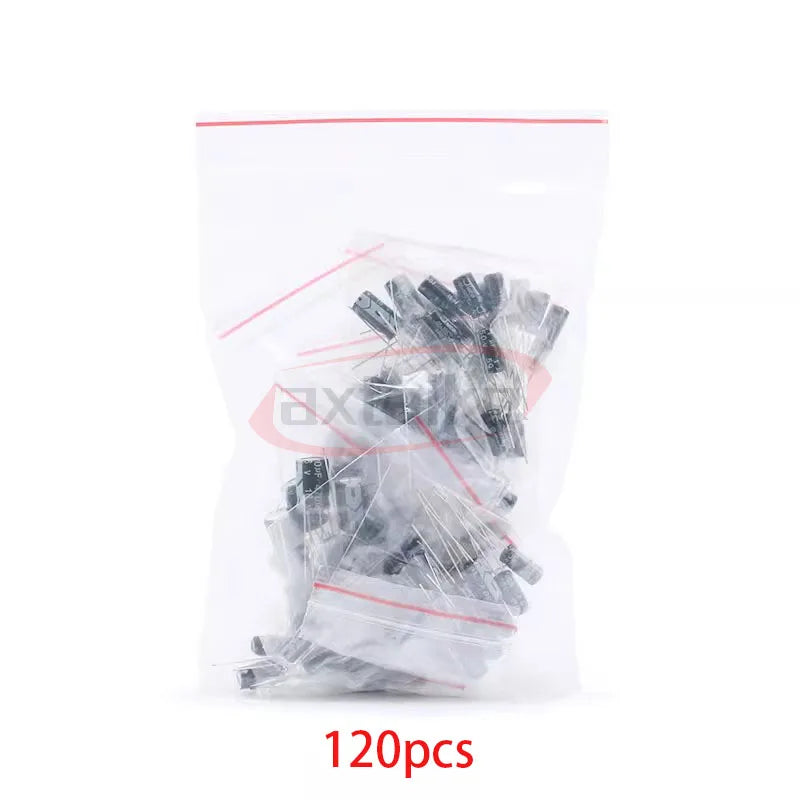 120/200/500pcs Radial Capacitors Set 12 15 24 Values 16V 25V 50V 0.1uF-1000uF Electrolytic Capacitor Assortment Kit Box