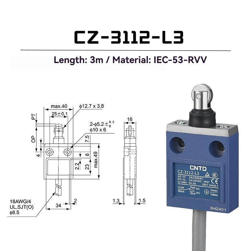 CNTD Micro Travel Limit Switch CZ‑3 Series CZ‑3101 CZ‑3104 CZ‑3108 CZ‑3112 IP67 Waterproof 5A 250V Position Control Switch
