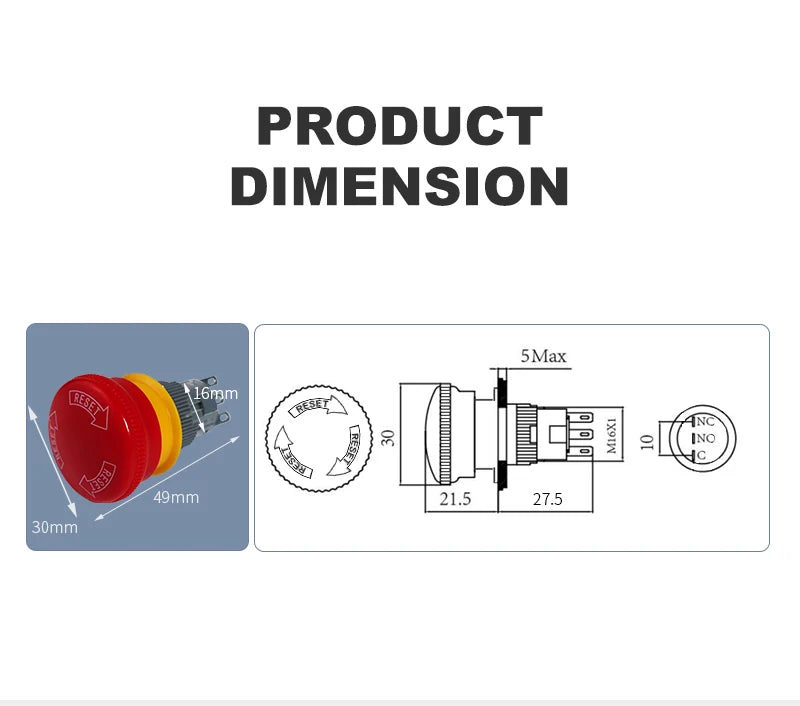 16mm Plastic Emergency Stop Switch Latching Self-locked 1NO1N Red Mushroom Head Electrical Control Push Button Switch VaneAims