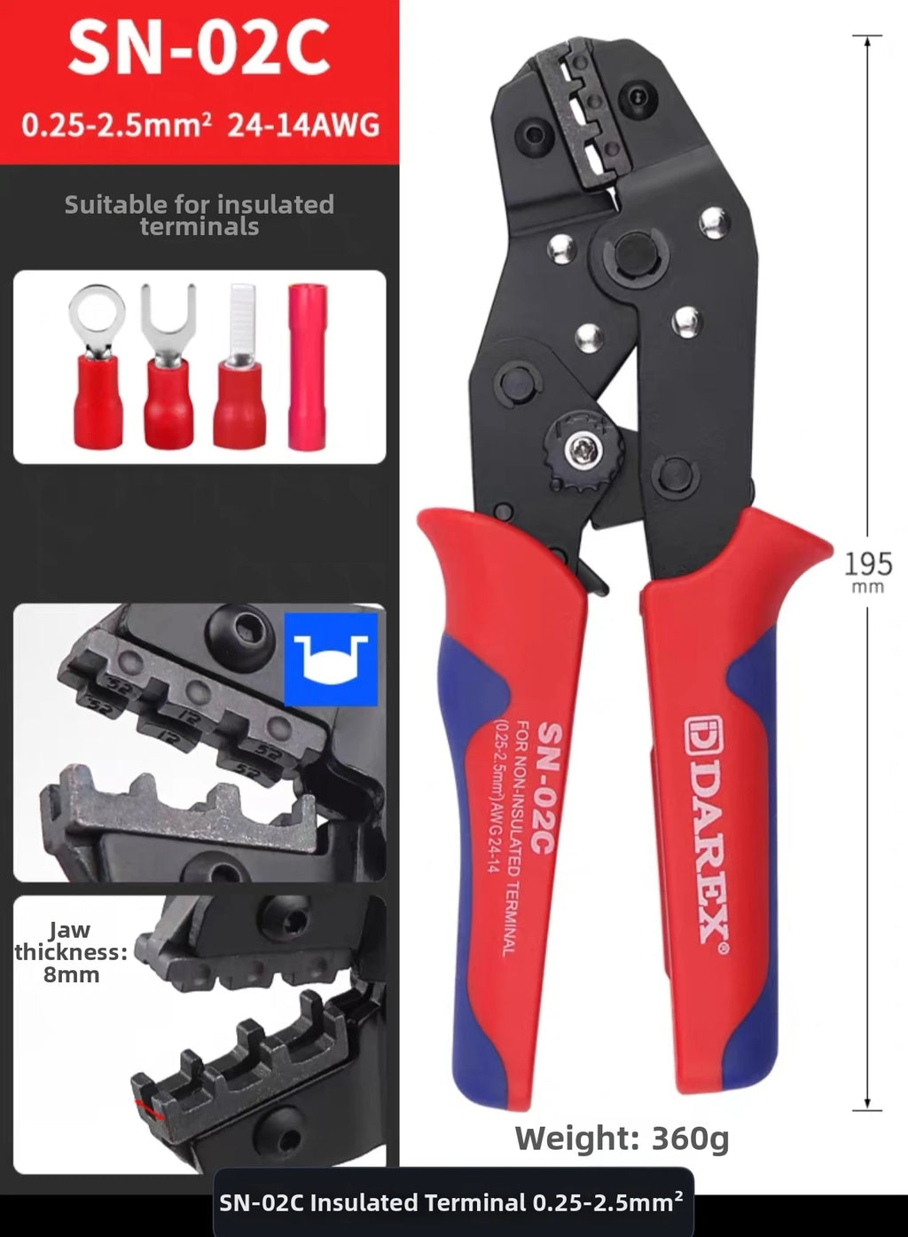 Darex DuPont Spring Terminal Automotive Wiring Harness Power SN Cold-Press Terminal Wire Crimping Pliers