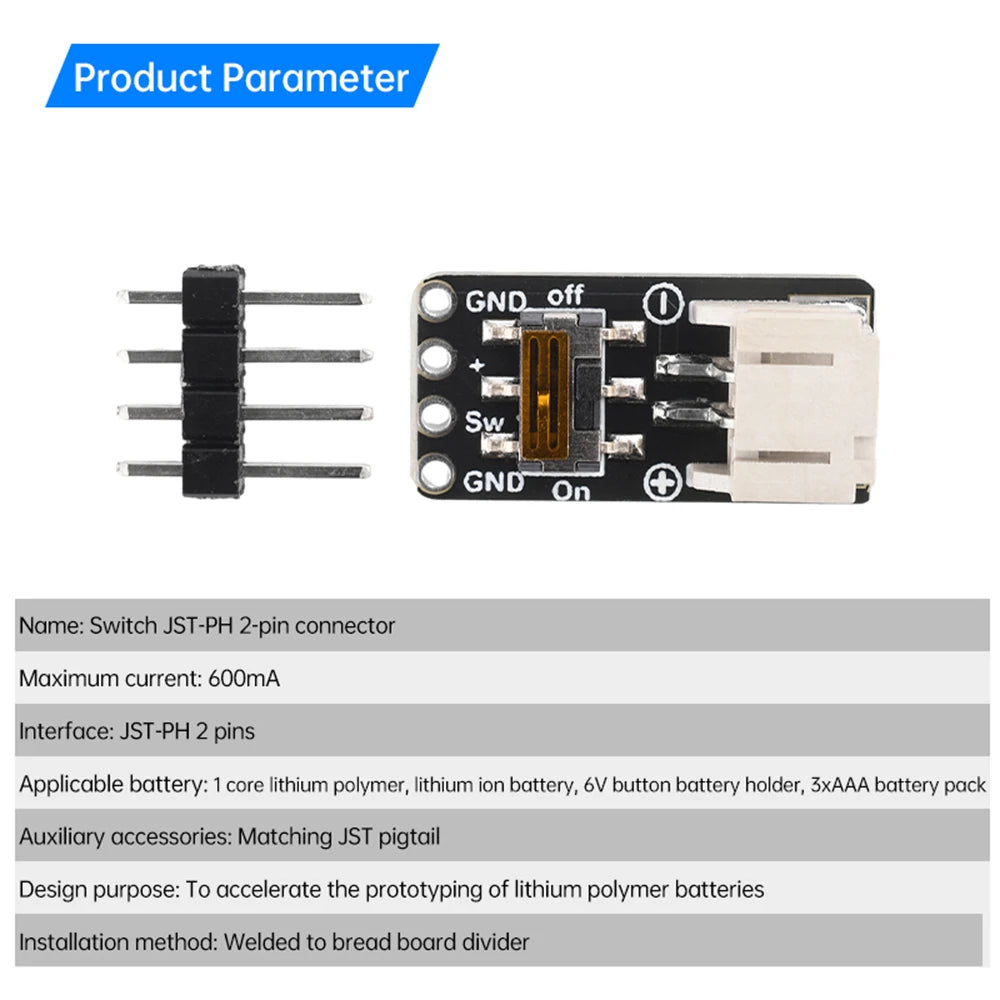 Switched JST-PH 2pin Connector SMT Right Angle Breakout Board Power Module + Pin row Adapt to 1-core Lithium Battery/AAA Battery