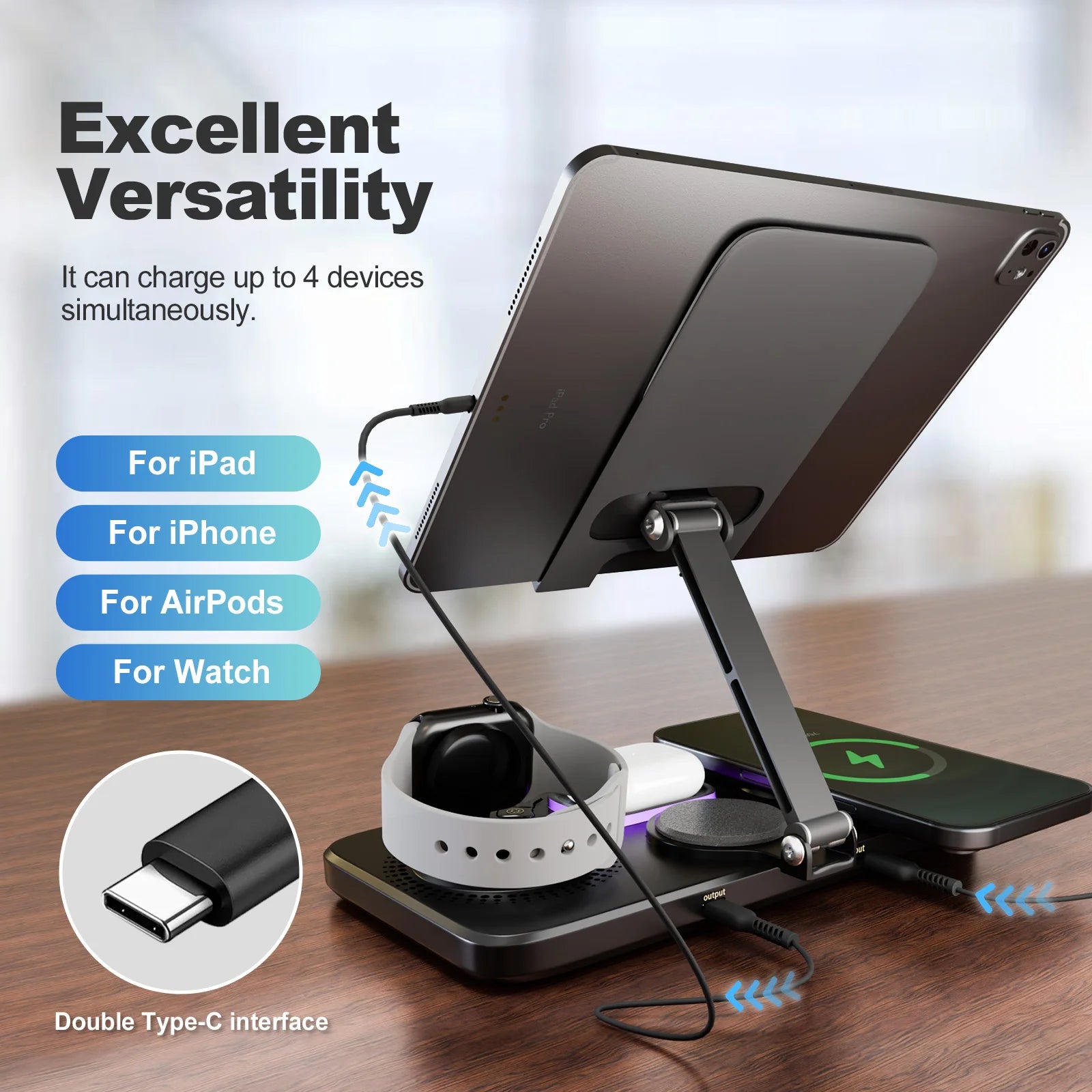 7-in-1 Wireless Charger Station 15W Fast Charging Type C Port Multi-Function Devices for iPhone 17 16 15 14 Samsung Airpods iPad