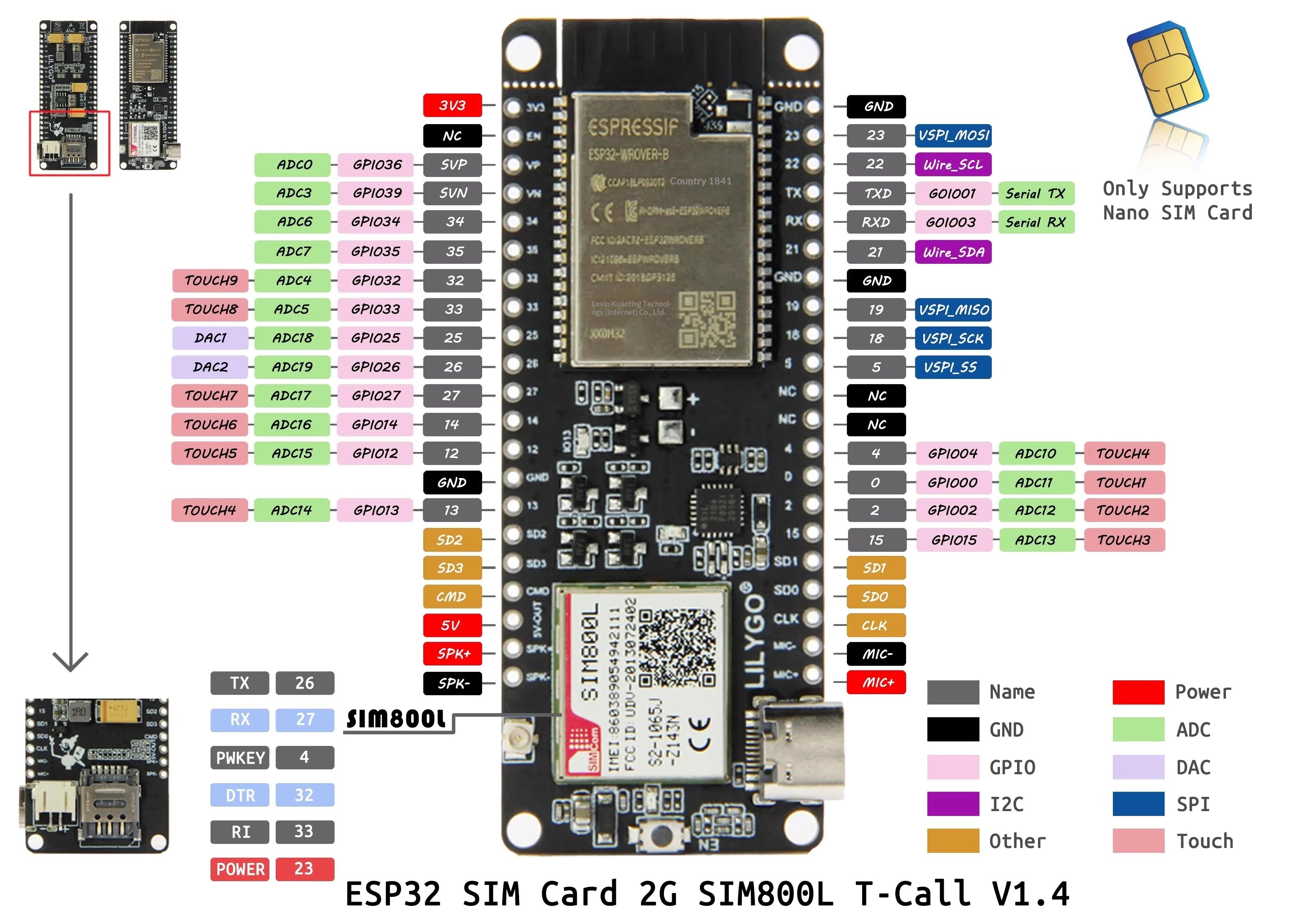 TTGO T-Call V1.4 ESP32 WiFi Bluetooth Module with FPC Antenna SIM Card SIM800L Module SIM Card Slot