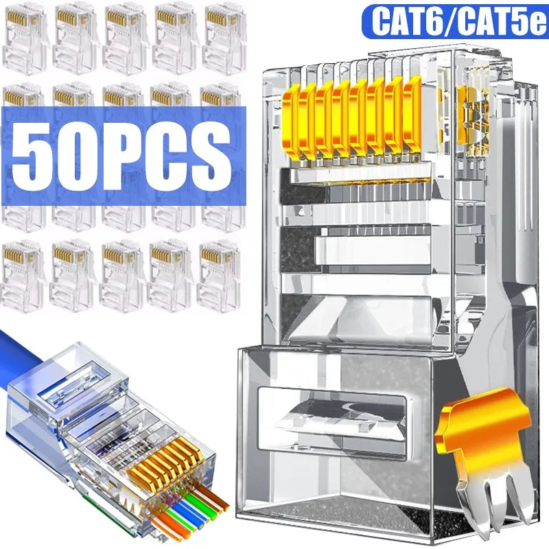 50-1Pcs RJ45 Pass Through Connectors CAT6 CAT5e Shielded Crystal End Gold-Plated 8P8C Crimp Ethernet Network Cable Modular Plug