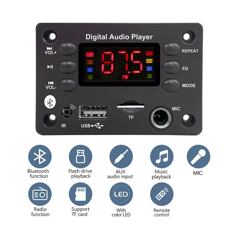 DC 5V 12V Audio Player Bluetooth 5.0 MP3 Decoder Board Hands-free Car Microphone USB TF FM Radio MP3 Music Player Speaker