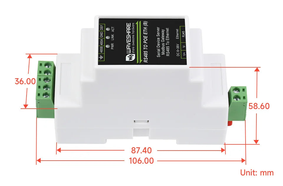 Waveshare 2pcs/lot Industrial Modbus RS485 Serial Server, RS485 to RJ45 Ethernet, TCP/IP to Serial, Rail-Mount, POE function