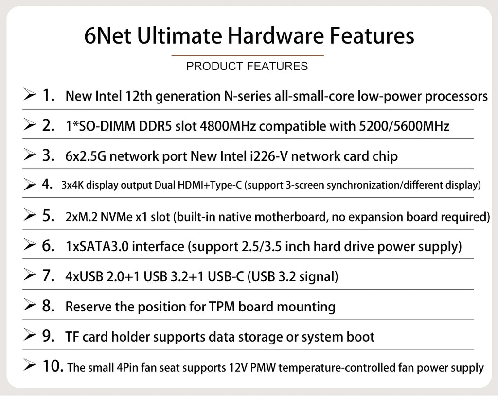6 LAN 2.5G Firewall Router Intel 3 N355 N200 N150 N97 i226-V Fanless Mini PC DDR5 2xNVMe 1xSATA3.0 2xHD Type-C pfSense OPNsense