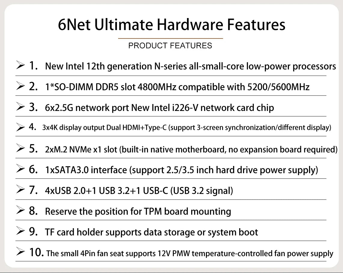 6 LAN 2.5G Firewall Router Intel 3 N355 N200 N150 N97 i226-V Fanless Mini PC DDR5 2xNVMe 1xSATA3.0 2xHD Type-C pfSense OPNsense