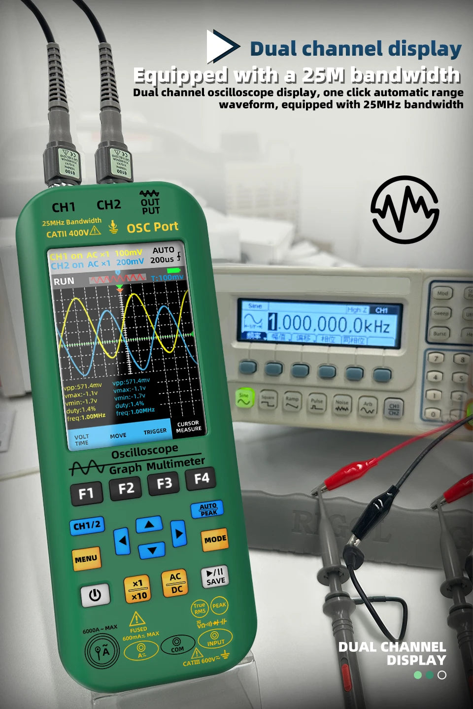BSIDE 4-IN-1 Handheld Oscilloscope Digital Multimeter+Function Signal Generator Dual Channel O7:25MHz/O9:50MHz Current Tester