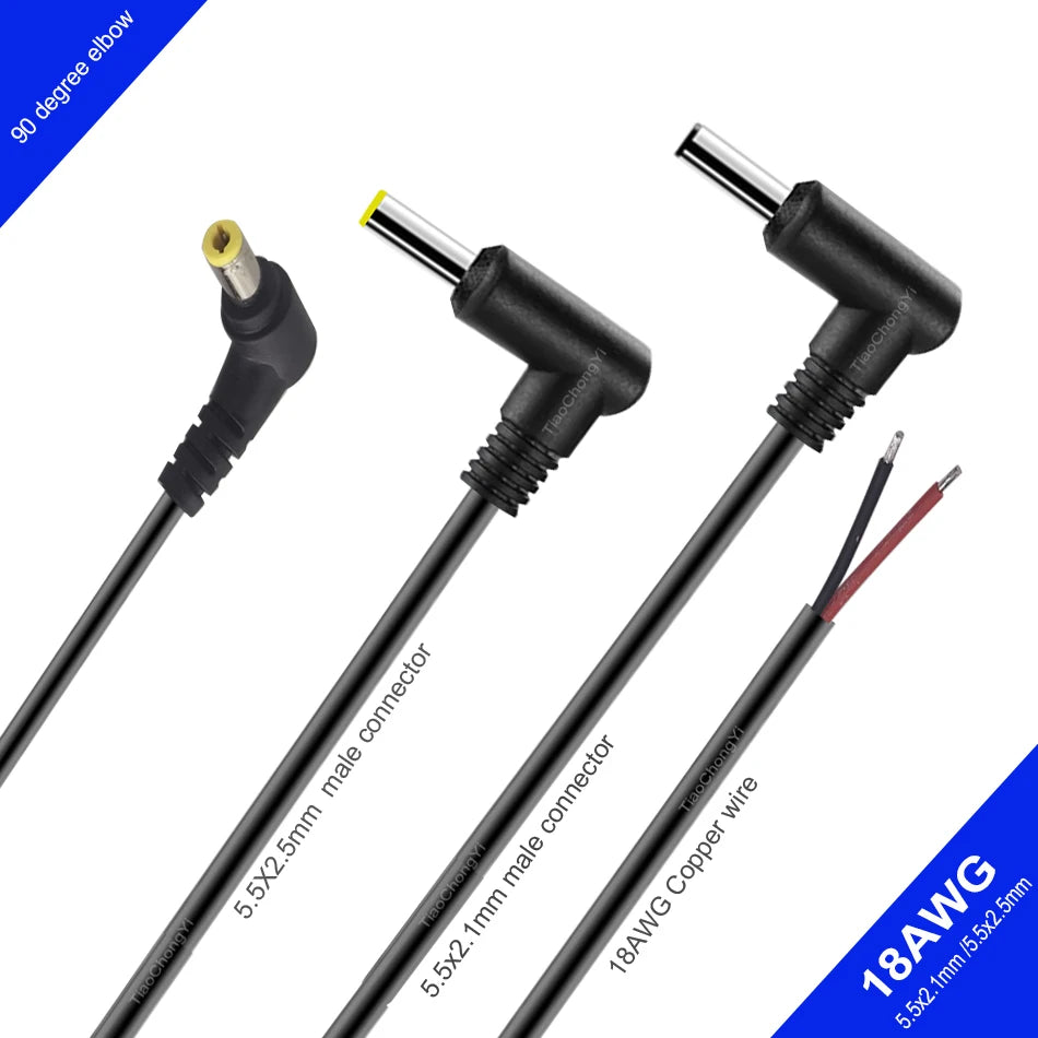 18AWG DC Power Connector 5.5 X 2.1mm / 2.5mm Male To 5.5 2.1/2.5mm Male Plug Cable Right Angled 90 Degree Power Cable 29cm