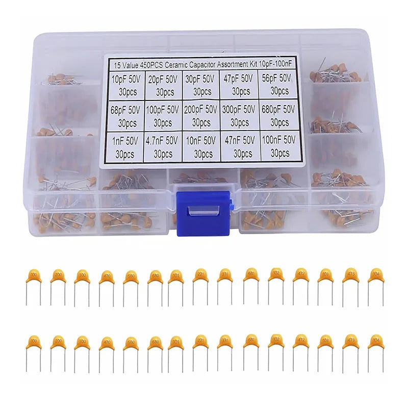 450 Pieces 15Value 10pf-100nf Monolithic Multilayer Ceramic Capacitor Assortment Kit 50V with Box