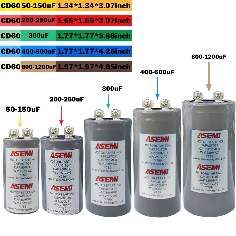 CD60 With Terminals AC Motor Starting Capacitor 125V 250V 50uF 150uF 200uF 250uF 800uF 1000uF 1200UF for Electrical Equipment