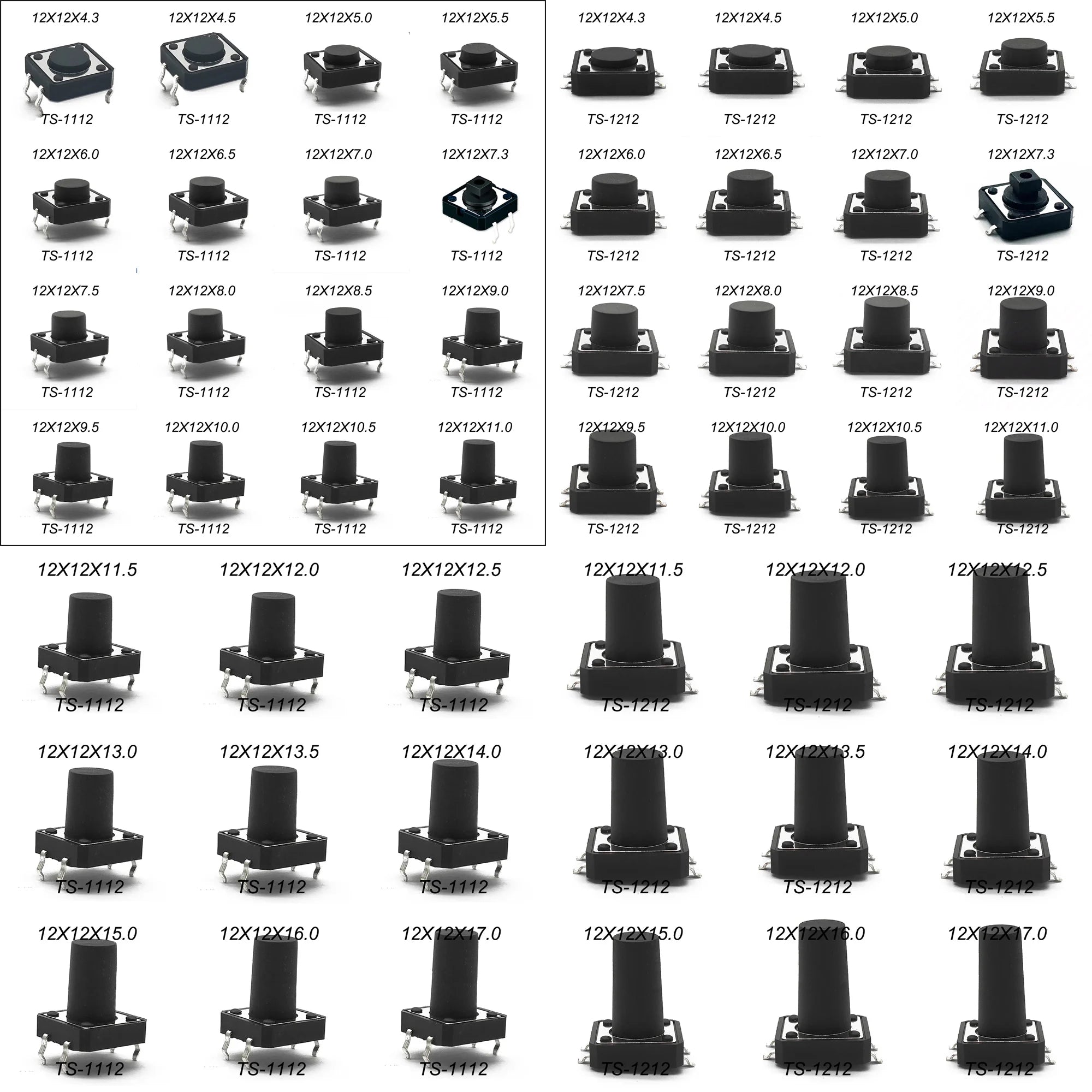 10PCS 12X12 H=4.3/4.5/5/5.5/6/7/8/9/10/11/12/13/14/15/16/17MM 4PIN DIP Momentary Tactile Tact Switch Push Button Switch Black