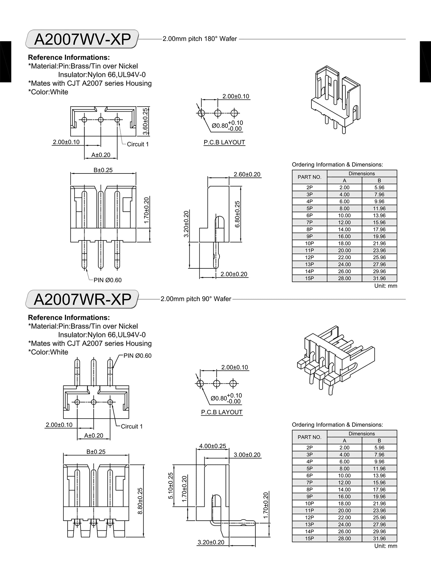 100pcs A2007WV Series 2.0mm Right-Angle Male Connector 90Degree Pin Header Wire to Board Wafer Connector