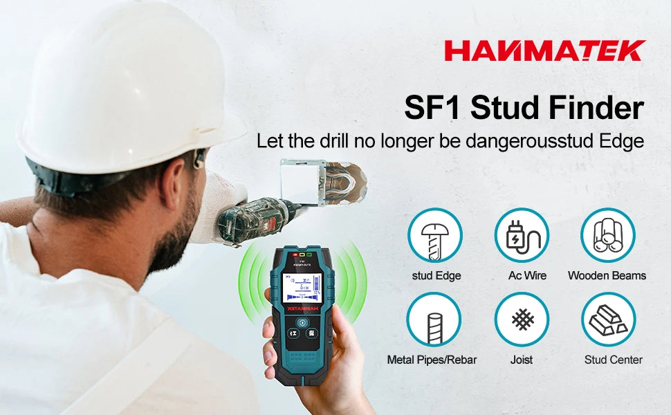 HANMATEK SF1 Stud Finder Wood Studs Metal Detection of Live Cable Metal Depth Measurement Finder Wall Detector Scanner
