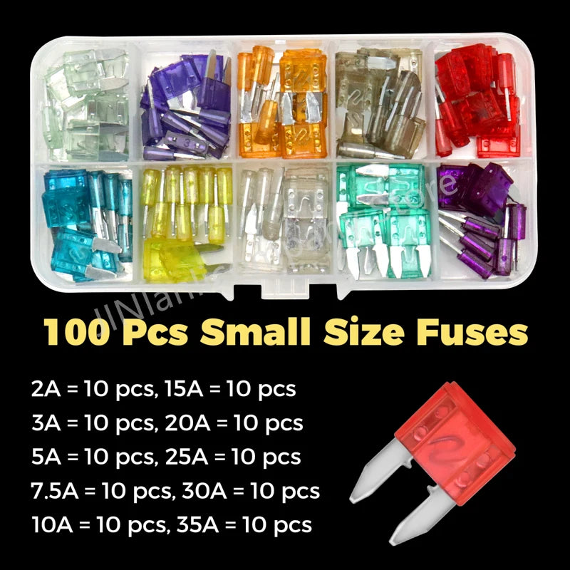 100/50pcs Car Truck Micro Blade Fuses 2A 3A 5A 7.5A 10A 15A 20A 25A 30A 35A AMP Mini Size Fuse Plastic Box Assortment with Clip