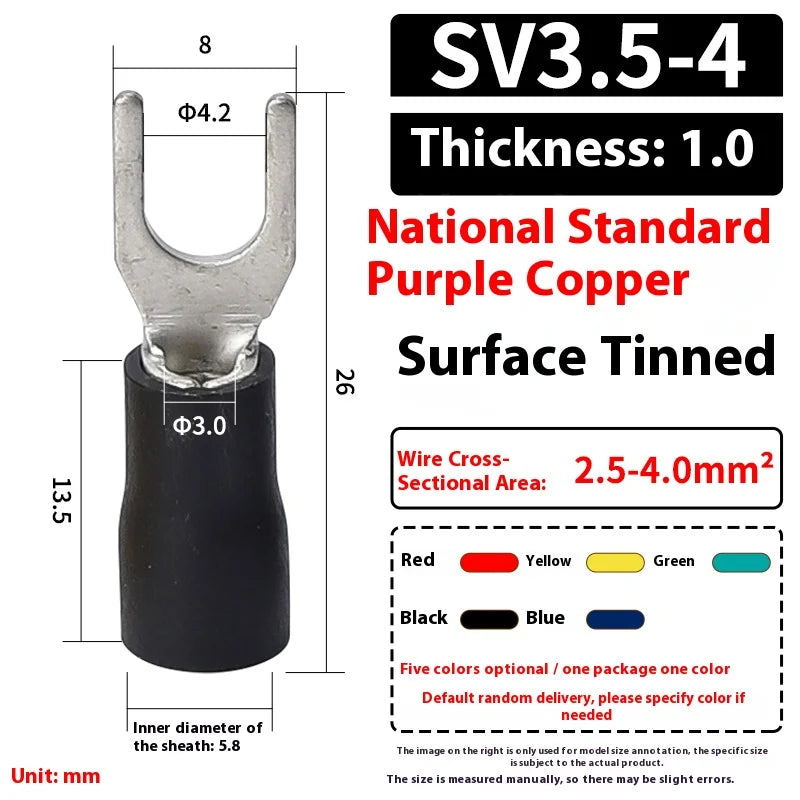 Fork Crimp Terminal Copper Tin Plating Insulated Terminal Block U-Type Wire Connector Thickened Copper Cable Joint SV1.25/2/-3/4