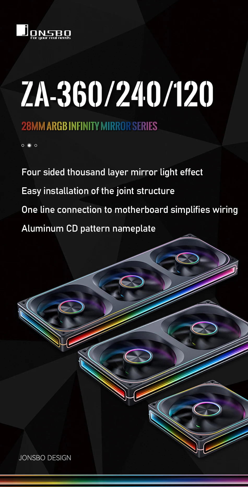 JONSBO ZA-120/240/360 Case Fan 5V/3Pin ARGB Four Sided Thousand Layer Mirror Combination Structure Cold Exhaust Cooling Fan