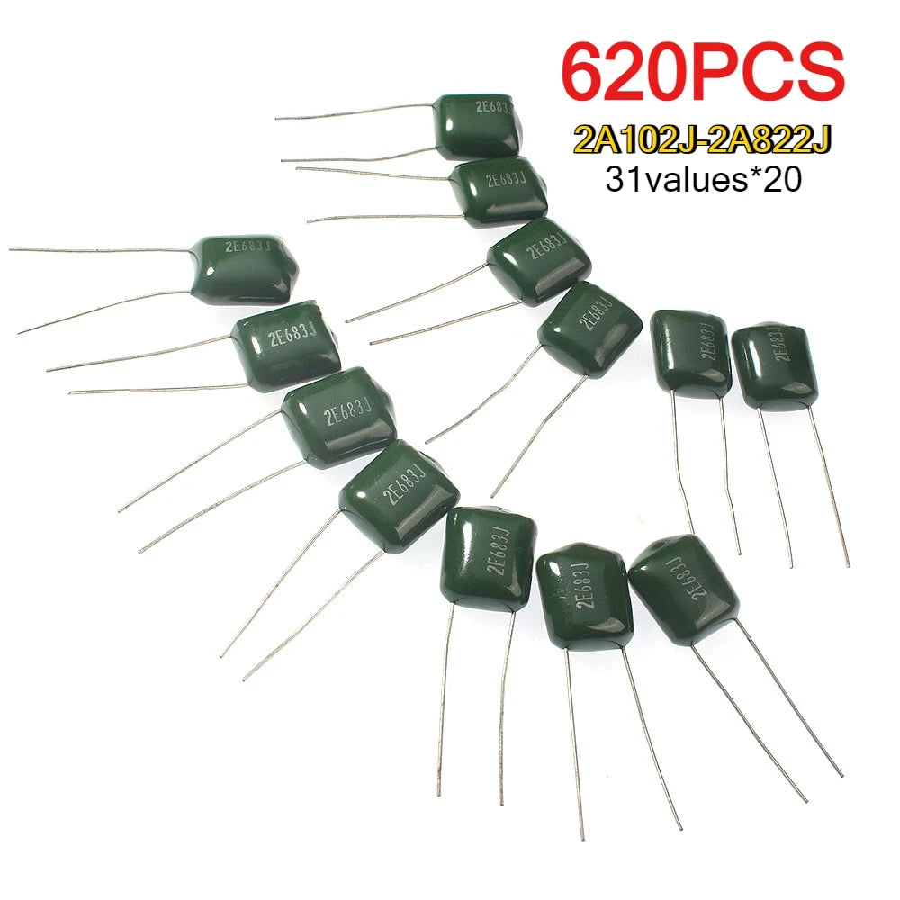 150-620PCS 100V Polyester Film Capacitor Assorted Kit 0.33nf 0.47nf 0.56nf 0.82nf 1nf 2A331J 2A471J 2A561J 2A821J 2A102J