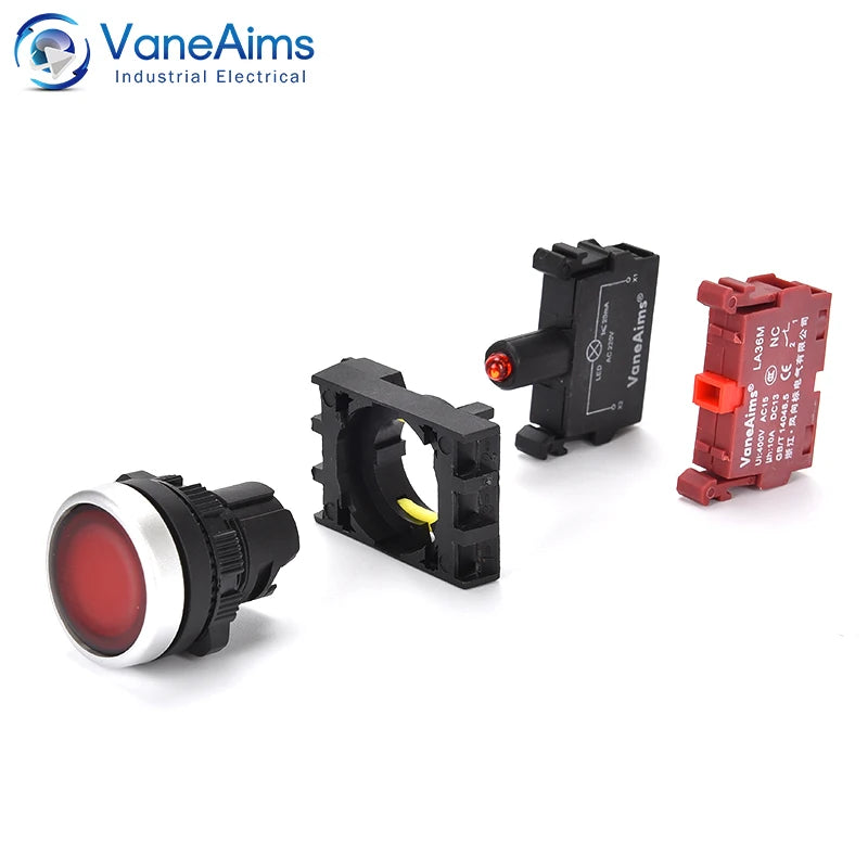 22mm LA36M Momentary Push Button Switch with LED Light 12v 24v 220v Latching Illuminated Push Button Switches On Off VaneAims