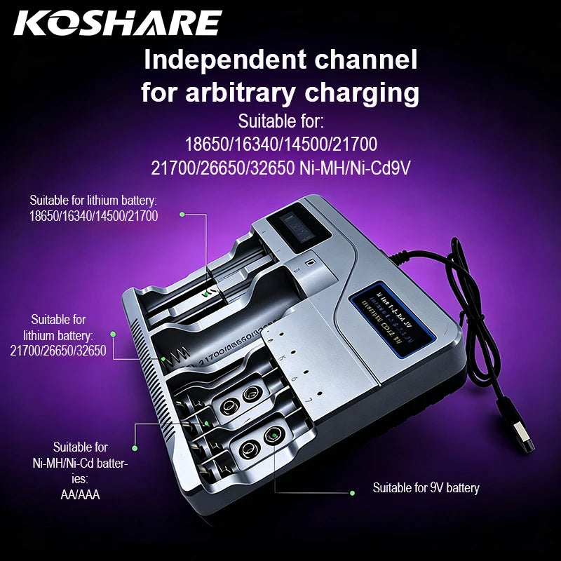 KOSHARE LED Smart Battery Charger For AA AAA Ni-MH Ni-Cd 9V Batteries 18650/16340/14500/21700 /26650/32650 Lithium Battery