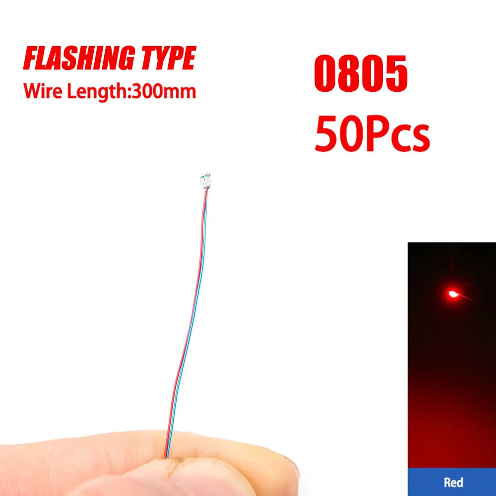 50pcs 0805 FLASHING LED SMD Lamp Wired Micro Litz Led Pre-Soldered Chip Wired 3V Railway Model Toy Light DIY Leads Wires 30cm