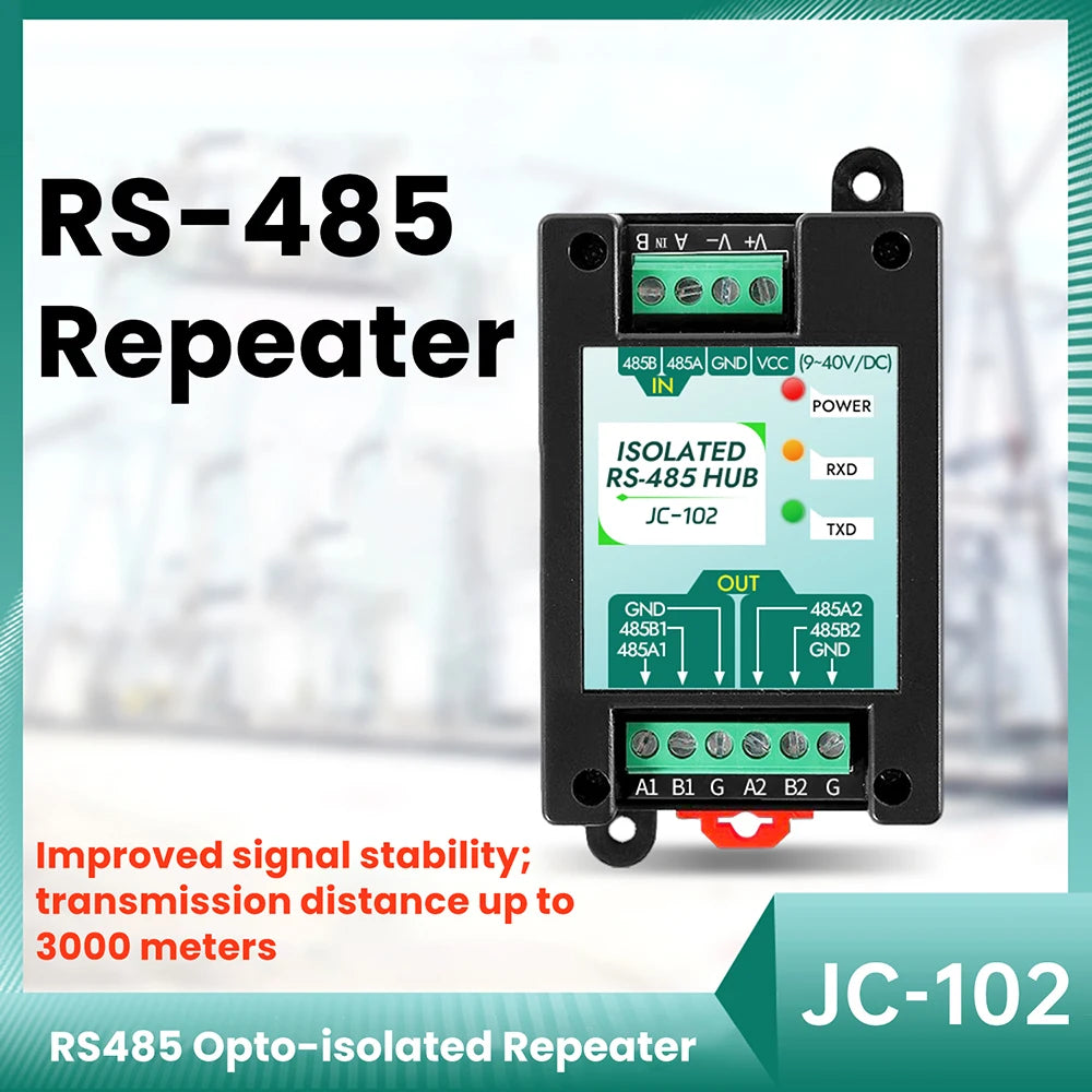 DC 9-40V RS485 2-Way Opto-Isolated Repeater Industrial-Grade 485 Hub 2-Port Anti-Interference Surge-Protected Signal Amplifier