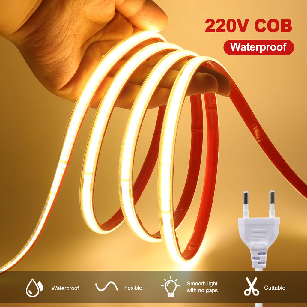 AC 220V COB Strip IP65 Waterproof 10CM Cut 240Leds/M 3000K 4000K 6000K Home Decor Flexible Ribbon Rope Tape LED Light