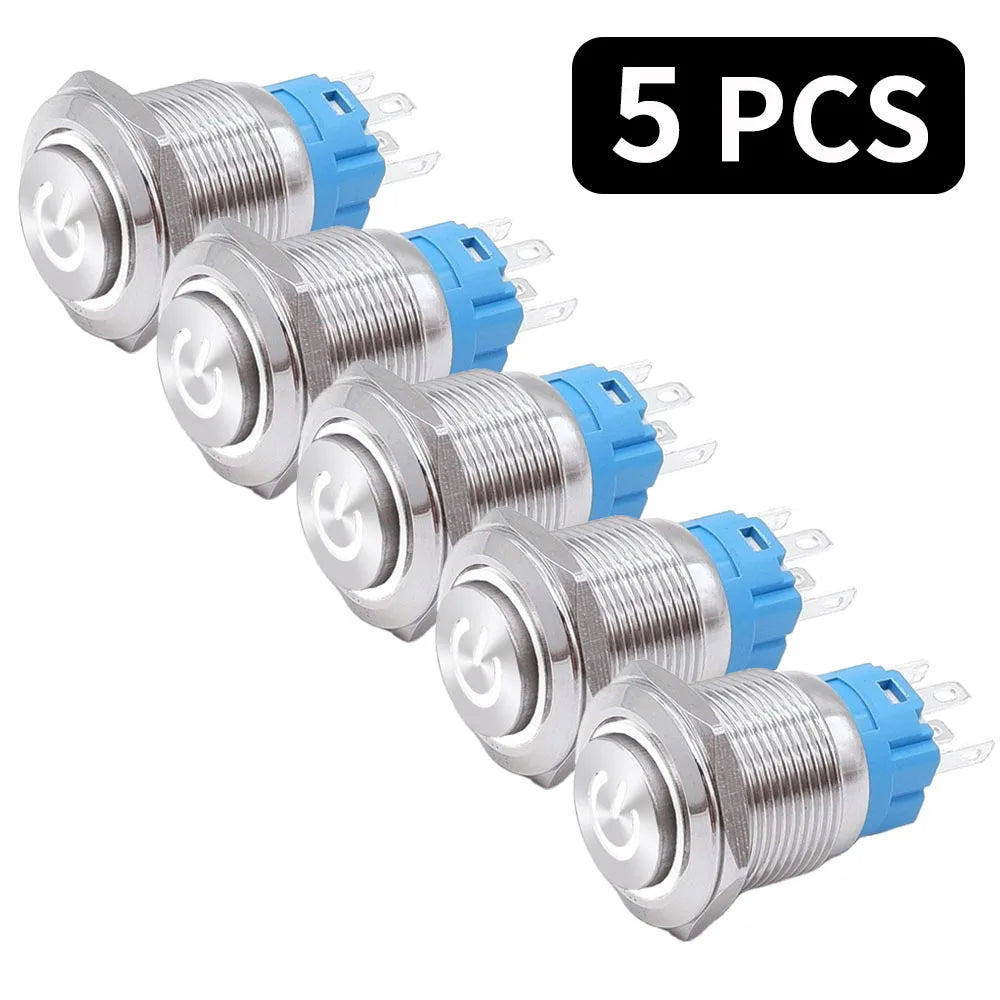 5 PCS 16mm 19mm 22mm Metal Push Button Switch 12v Ring Power Buttons Waterproof LED Light Self-lock Self-reset 220V High Head