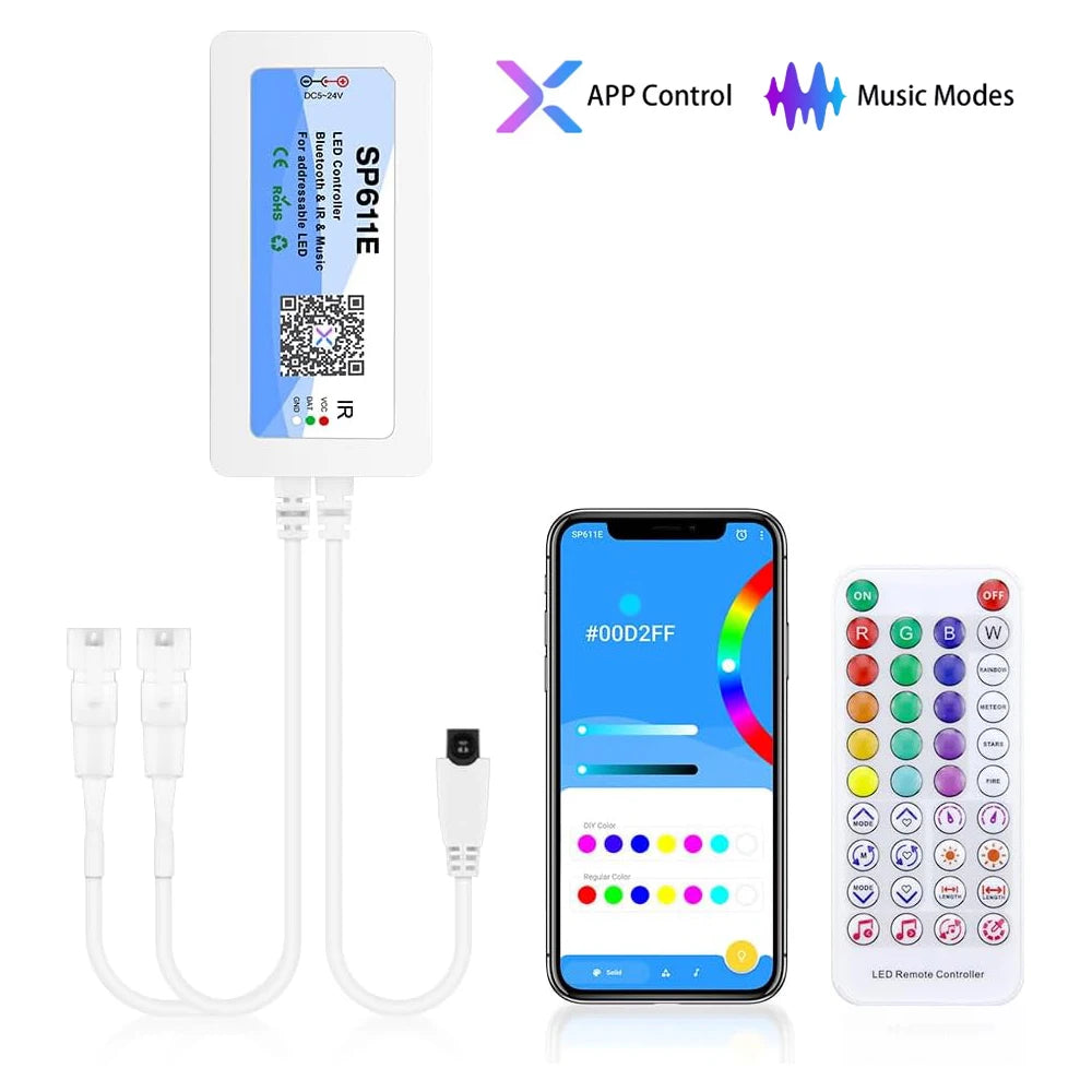 Wholesale SP611E DC5V-24V WS2812B WS2811 Bluetooth Music LED Strip Controller IR38 Keys Remote APP For Addressable LED Lighting