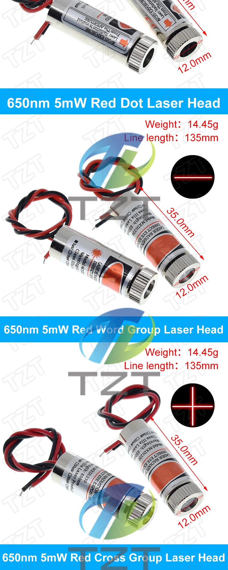 TZT 650nm 5mW 6MM 9MM 12MM Red Point / Line / Cross Laser Module Head Glass Lens Focusable Focus Adjustable Laser Head