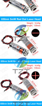 TZT 650nm 5mW 6MM 9MM 12MM Red Point / Line / Cross Laser Module Head Glass Lens Focusable Focus Adjustable Laser Head