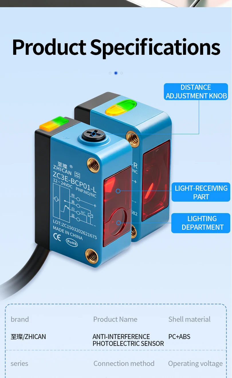 ZHICAN ZC3E Background Suppression Laser Photoelectric Sensor Adjustable Distance Diffuse Reflective Detection Switch