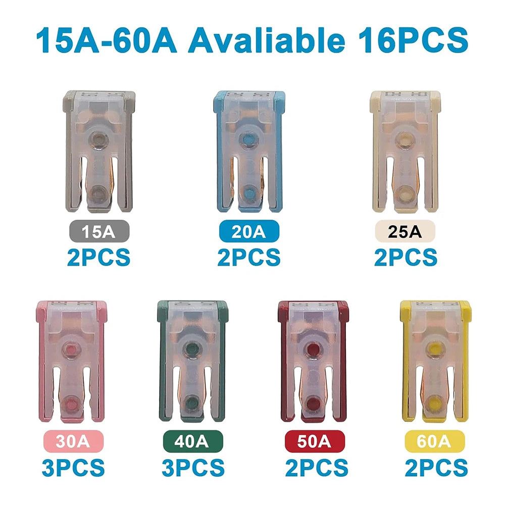 10/14/16/28Pcs MCASE Fuse 15A 20A 25A 30A 40A 50A 60A 32V Mini Slotted Automotive Shaped Cartridge Kit With Plastic Shell Box